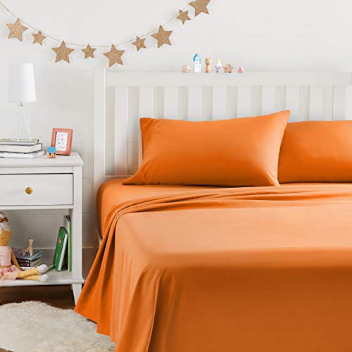 Amazon Basics Kids Soft Breathable Easy-Wash Microfiber 4-Piece Sheet Set Full Bright Orange Solid