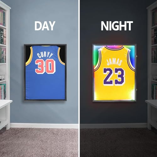 Image of Jersey Frame Display Case with LED for Wall 3-Pack, Large Lockable T-Shirt Shadow Box, Clear UV Protection Acrylic and Hangers for Football Basketball Baseball Soccer Hockey, Matte Black