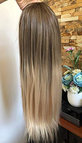 DevaLook Hair Extensions 24 Inches No Front Parting Half Head Wig Long Straight Brown Blonde Ombre Clip in Wig (Straight-Medium ash brown to sandy blonde)
