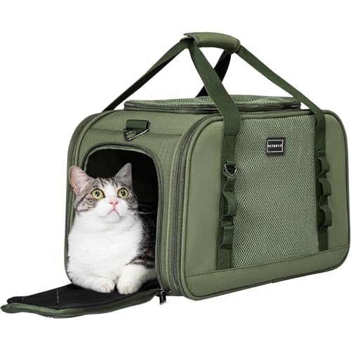 Petsfit Transportbox Katze Flugzeug Transporttasche Katze Hund mit Decke Hundetasche stabil & atmungsaktiv, hochwertige Matertial mit Trolley-Hülse Olivgrün(49x23x28 cm)