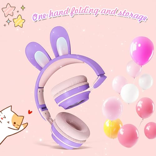 Image of Bluetooth Noise Cancelling Headphones for Kids,Foldable Cat Headphones with LED Light Up Ear,Cat Ear Headphones for Toddler with Microphone /TF Card,Kids Bluetooth Headphones (Rabbit Purple) | Delight your child with these stylish LED cat ear headphones premium noise cancellation, built-in mic, and wireless ease.