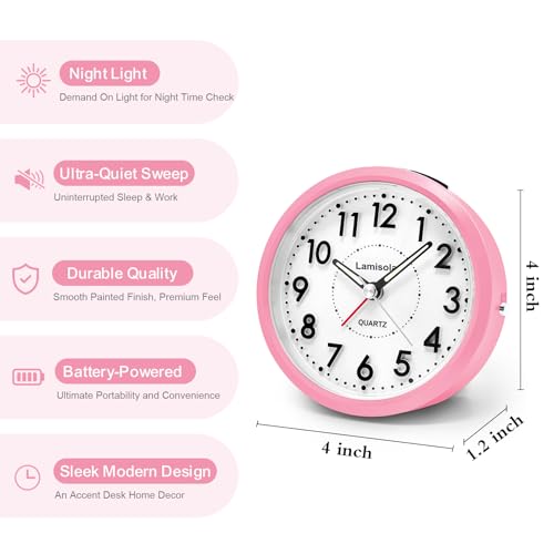 Image of Lamisola 4 Inch Alarm Clock for Bedrooms, Small Analog Desk Clock, Pink | Battery Operated Bedside Clock for Bedroom Bathroom Home Nightstand Shelf, Night Light Snooze, Minimalist Clocks for Seniors