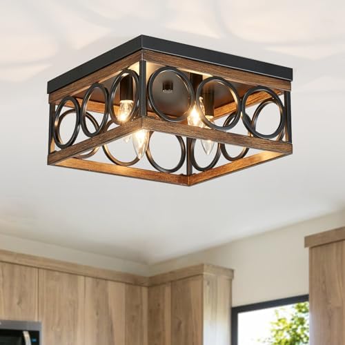 Close to Ceiling Light Fixture Black Wood Grain Finish Farmhouse Flush Mount Ceiling 4-Light, 13