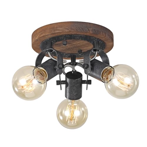 Image of Farmhouse Ceiling Light Fixture with Wood Base, 3-Light Adjustable Industrial Track Lighting, Rustic Black Metal Spotlight Ceiling Lights for Kitchen Bedroom Hallway