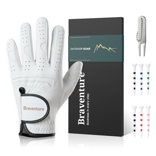 Braventure Kids Golf Glove, 0.5mm Washable Cabretta Leather Left Hand - Anti-Blister Pad, 604 Thread Stitching, 56 Micro-Vents for Summer Camp, Includes Tees and Divot Tool Gift Box, Ages 5-13