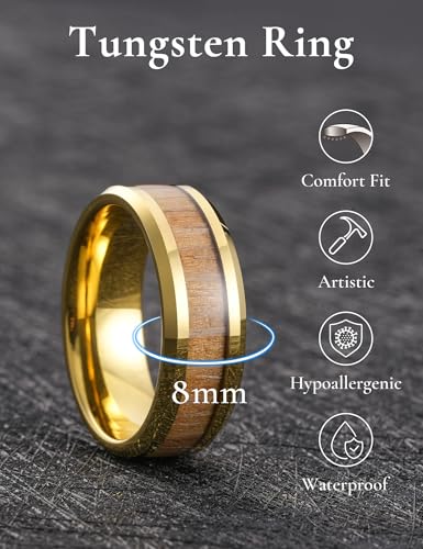 Image of King Will Nature Koa Wood Inlay Tungsten Carbide Wedding Ring 8mm Silver /Black /Gold /Green /Rose Gold /Blue Wedding Band for Men High Polished Anniversary Rings Comfort Fit Size 6-15