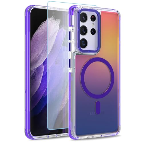 Image of Magnetic Case for Samsung Galaxy S21 Ultra [Compatible with Magsafe] [Cute Fashion Fluorescent Design] [1 Screen Protector] Slim Translucent Matte Case for Galaxy S21 Ultra 6.8 inch, Purple