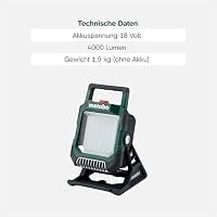 metabo Akku-Baustrahler BSA 18 LED 4000, 18 V Baustellenlampe, 4000 lm | IP54 Arbeitsleuchte mit Magnetfuss, USB-Port & 270 Grad Drehkopf, dimmbar, ohne Akku & Ladegerät, CAS System kompatibel – Ansicht 4