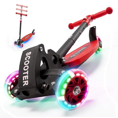 Patinete de 3 ruedas con marco de metal resistente, altura ajustable de 3 velocidades, ruedas con luz LED, plegable, el mejor regalo para niños y niñas de 6 a 11 años, límite de peso de 180 libras