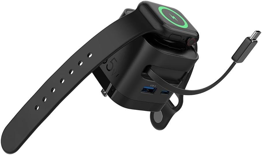 65W USB-C Charging Block with Retractable Cable & Built-in Wireless Magnetic iWatch Charger, Foldable PD/PPS Travel Wall Charger for iPhone, iPad, MacBook, iWatch Ultra/SE/10/9/8/7/6/5(Black)