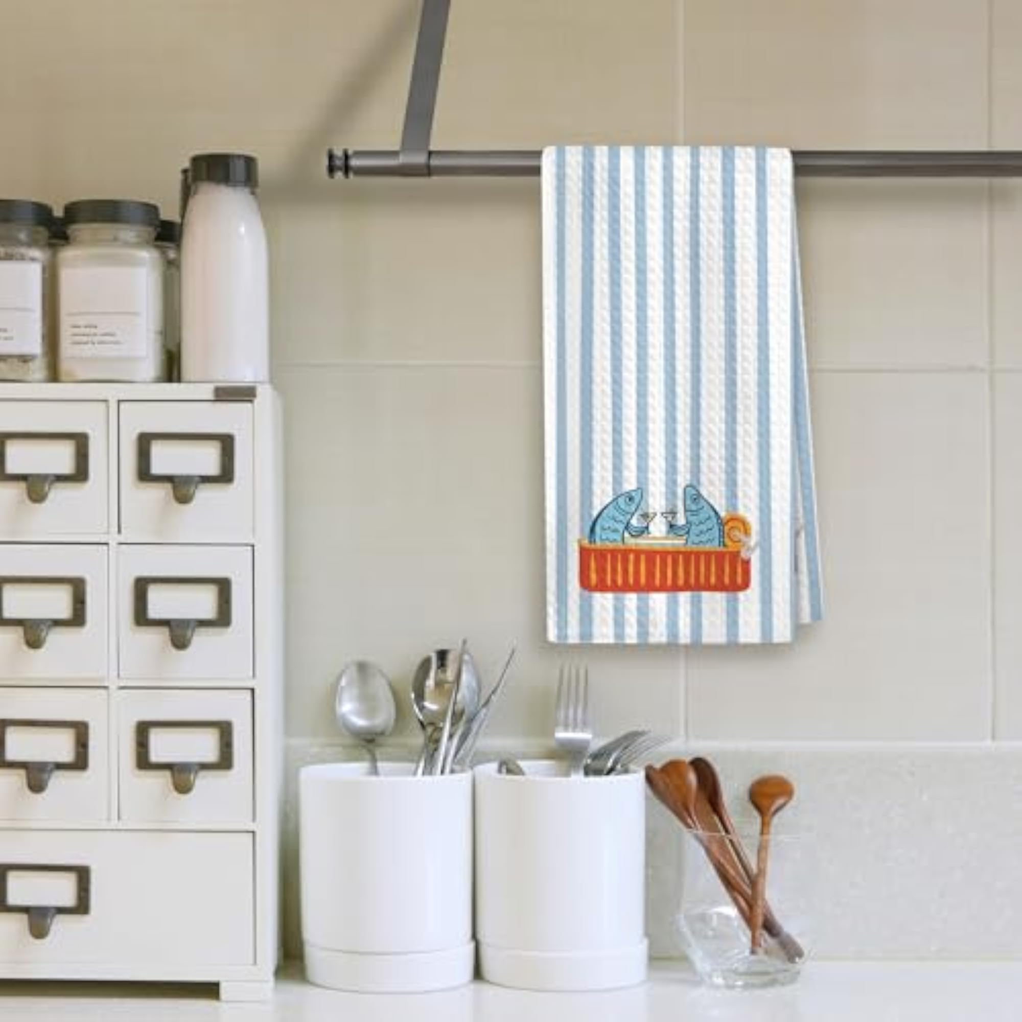 Cute Sardine Tin Coastal Kitchen Towels, Nautical Fish Art