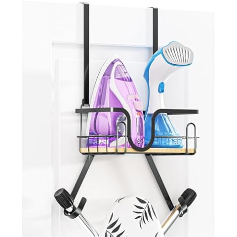 Over The Door Ironing Board Holder, Ironing Board Holder Wall Mount, Laundry Room Iron and Ironing Board Hanger Ironing Board Storage Holder with Basket, Adjustable Hooks Iron Holder (T&V Shaped) Cover