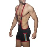 FakeFace Herren Ringeranzug, Sexy Wrestling Singlet mit Regenbogenstreifen, Atmungsaktiv Elastisch Ringer Trikot für Fitness Training Bodybuilding, XXL (Schwarz)