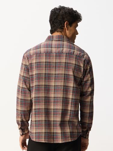 Image of The Souled Store: Blue Sails Men and Boys Long Sleeve Collared Neck Button Front Blue and Cream Checked Embroidered Regular Fit Cotton Linen Shirt