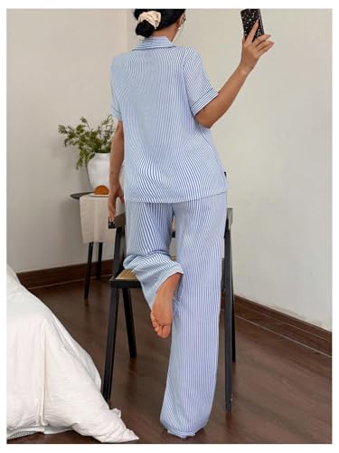 SHENHE Women's Striped Pajama Set Button Down Short Sleeve Pjs Soft Pants Loungewear Set2