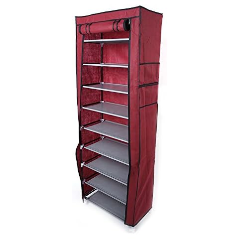 MathRose 10-Tier Shoe Rack 30 Pairs Shoe Tower Closet Shoes Storage Cabinet Portable Boot Organizer with Dustproof Non-Woven Fabric Cover and Shelves (10 Tiers-Wine Red) Cover