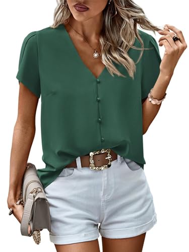 PRETTYGARDEN Short Sleeve Tops for Women 2026 Summer Spring V Neck Western Chiffon Button Down Shirts Dressy Casual Work Blouses (Green,L)