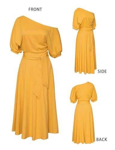 Image of Women's Off Shoulder Short Sleeve Cocktail Swing Dress | Elegant Wedding Guest, Midi Length, Asymmetrical Neck, Belted, Front Side Slit, Side Pockets, Formal Occasions, Day to Night