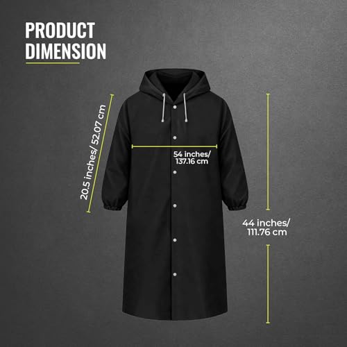 Image of EVA Reusable Raincoat with Hood (Black) - Pack of 1 | Elasticated Full Sleeves Outdoor Waterproof Raincoat for Men & Women | Rainwear | Button Closure | Knee Length | Universal Fit