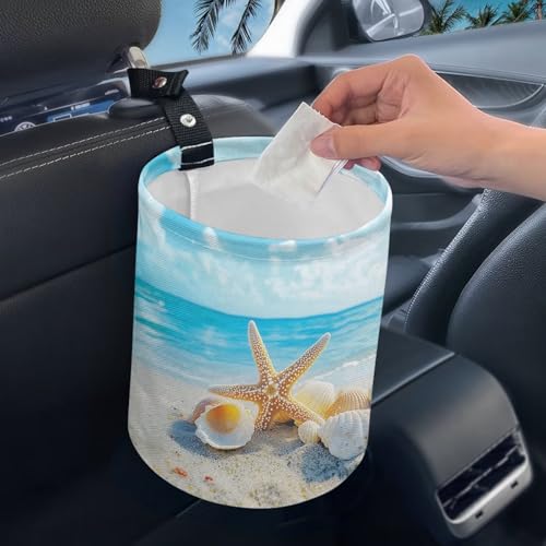 Image of Sea Star Shell Car Trash Bin Hanging, Waste Basket - Cute, Portable, Collapsible, Waterproof Rubbish Bag for Back Seat, Floor, or Hanging Headrest