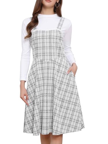 Allegra K Damen Tweedkleid Ärmellos Quadratischer Kariert A-Linie Latzkleid Beige XL