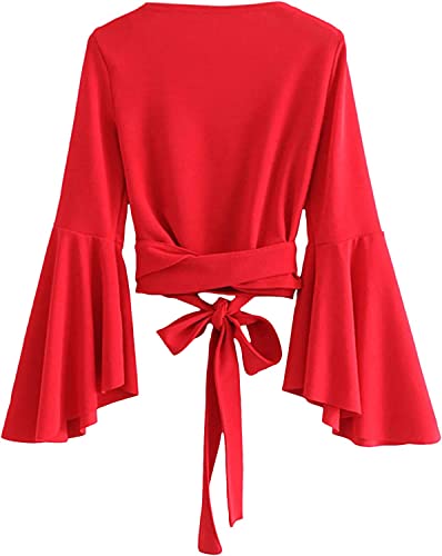 Image of TASHVIKA'S Women's Long Sleeve V Neck Tie Knot Wrap Blouse Top