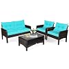 DORTALA 4 Pieces Rattan Patio Conversation Set Outdoor Wicker Furniture Set with Chairs Loveseat Cushions and Glass Top Coffee Table for Garden Porch Poolside Balcony Turquoise