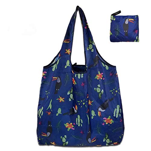 Image of Extra Large Reusable Foldable Ladies Shopping Bag Eco Tote Handbag Fold Away Shopper Bag UK (Navy Parrot Bird)