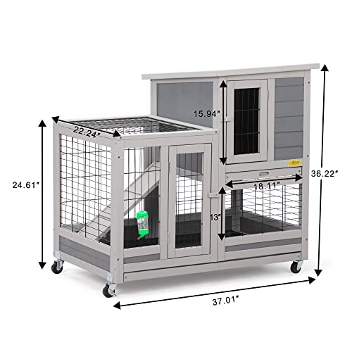 COZIVVOVV Indoor Outdoor Rabbit Hutch on Wheels, Small Animal Houses Habitats, Rolling Large Bunny Cage with Removable Tray, Ramp, Two Story Guinea Pig Hamster Cage, Grey - Thumbnail 3