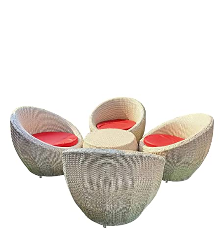 Image of Artic Fashion Apple Chairs Table Set 4+1 Wicker Patio Furniture Sets 4 Chair and 1 Table with Cushions for Garden Balcony Bedroom Powder Coated Frame Uv Protected Wicker (Off White+Red)