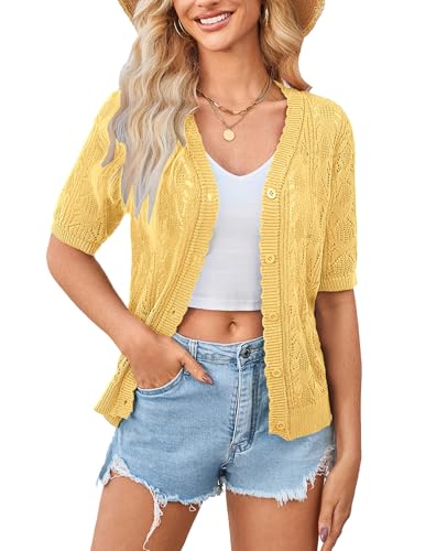 Image of Yekaty Womens 2026 Short Sleeve Crochet Summer Cardigan Cropped Button Sweater Lightweight Shrug for Dress