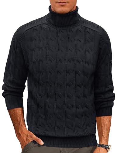 Cotrasen Men's Turtleneck Pullover Sweater Cable Knit Long Sleeve High Neck Cotton Sweater Warm Winter Fall Fisherman Sweaters Fashion Black XL