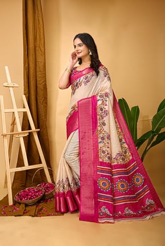 Image of Amazon Brand - Tavasya Women's Soft Dola Cotton Kalamkari Printed Saree with Jacquard Kanjivaram Zari Border & Pallu | Elegant Traditional Saree with Matching Printed Blouse Piece