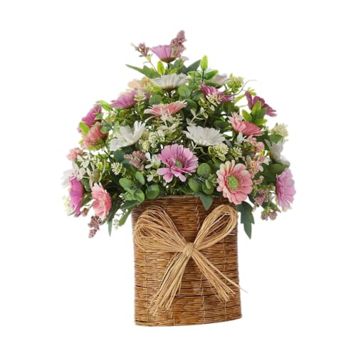 XLWLLNJ Front Door Hanging Flower Basket Wreath, 15x19 in Artificial Daisy Eucalyptus Floral Arrangement for Spring Summer Porch Decor