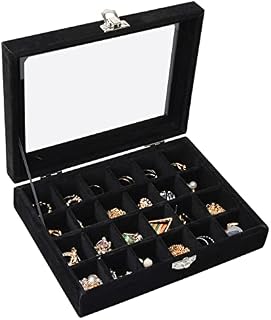 24 Grids Velvet Jewellery Tray, Detachable Jewelry Showcase Box, Earring Storage Box With Compartments, Clear Lid Jewellery Display Box Tray For Ring Brackets Necklace Holder Organizer Tray (Black)