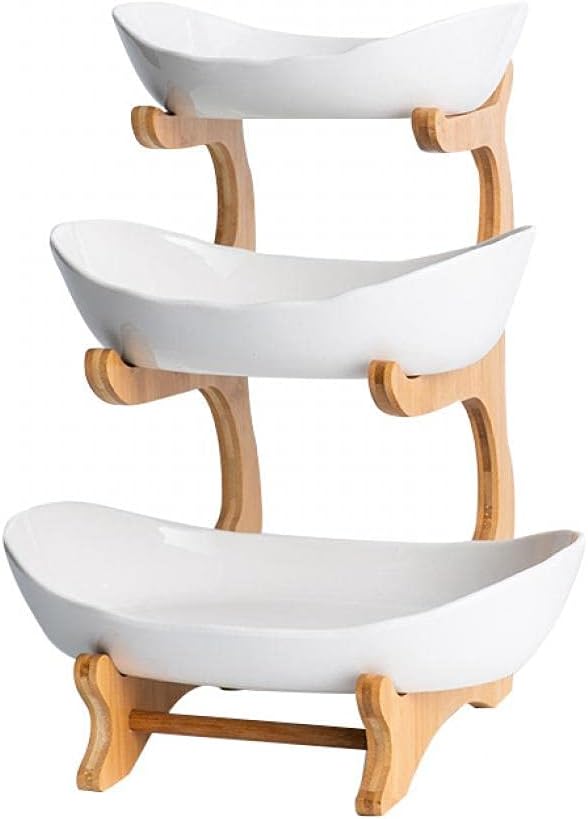 XUDREZ 3 Tier Fruit Basket for Kitchen Counter, 11"*8.6"*13" Ceramic Fruit Bowl for Kitchen Counter, Large Capacity Fruit Bowl Set with Holder, Bamboo Fruit Serving Tray (White porcelain)