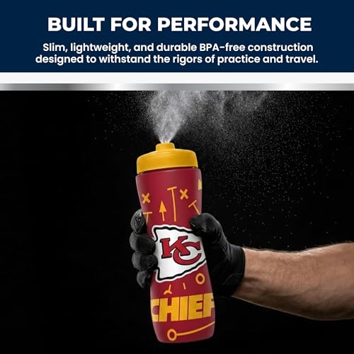 Image of Party Animal NFL Football Squeeze Bottle, 32 oz, LA Chargers | Slim, lightweight BPA-free sports water bottle with quick-flow squeeze; fits backpacks & cup holders for kids or adults