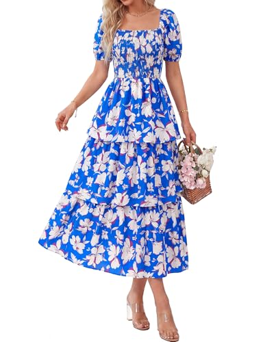 Image of BTFBM Womens Floral Smocked Summer Maxi Dresses | Square Neck Puff Short Sleeve Ruffle Tiered, 2026 Trendy Casual Sundress, Cruise Holiday Beach Vacation Wedding Guest Dress