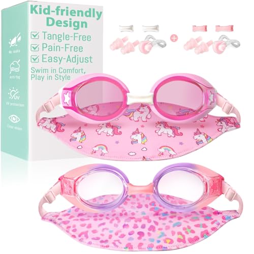 Pixel Panda 2 Pack Kids Swim Goggles with Fabric Strap for 3-12 Anti-Fog Anti-UV No Leak No Hair Pulling Swimming Goggles Boys Girls Youth Toddlers Pool Water Protection(Pink and Purple)