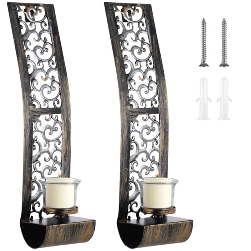 Juego de portavelas de pared de metal antiguo, 2 piezas de candelabro de bronce retro con pantallas de cristal, elegante decoración del hogar para sala de estar, comedor y oficina