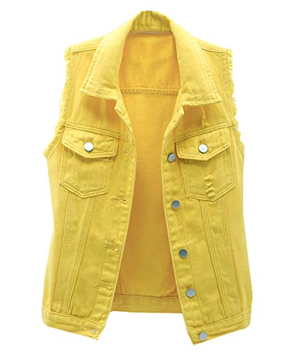 LifeShe Women's Button Up Distressed Denim Sleeveless Vest Jean Jacket with Frayed Sleeve
