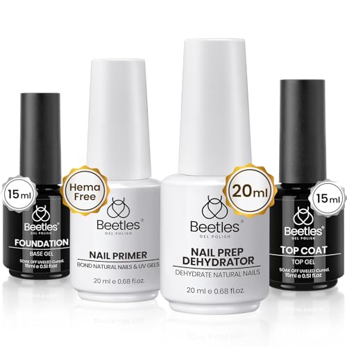 Image of Beetles 4 Pcs 15ml Base Gel and Top Coat Kit with 20ml Nail Dehydrator and Primer, Professional Prep Acid & Hema-Free Dehydrate Bond Set for Acrylic Manicure Gift for Women