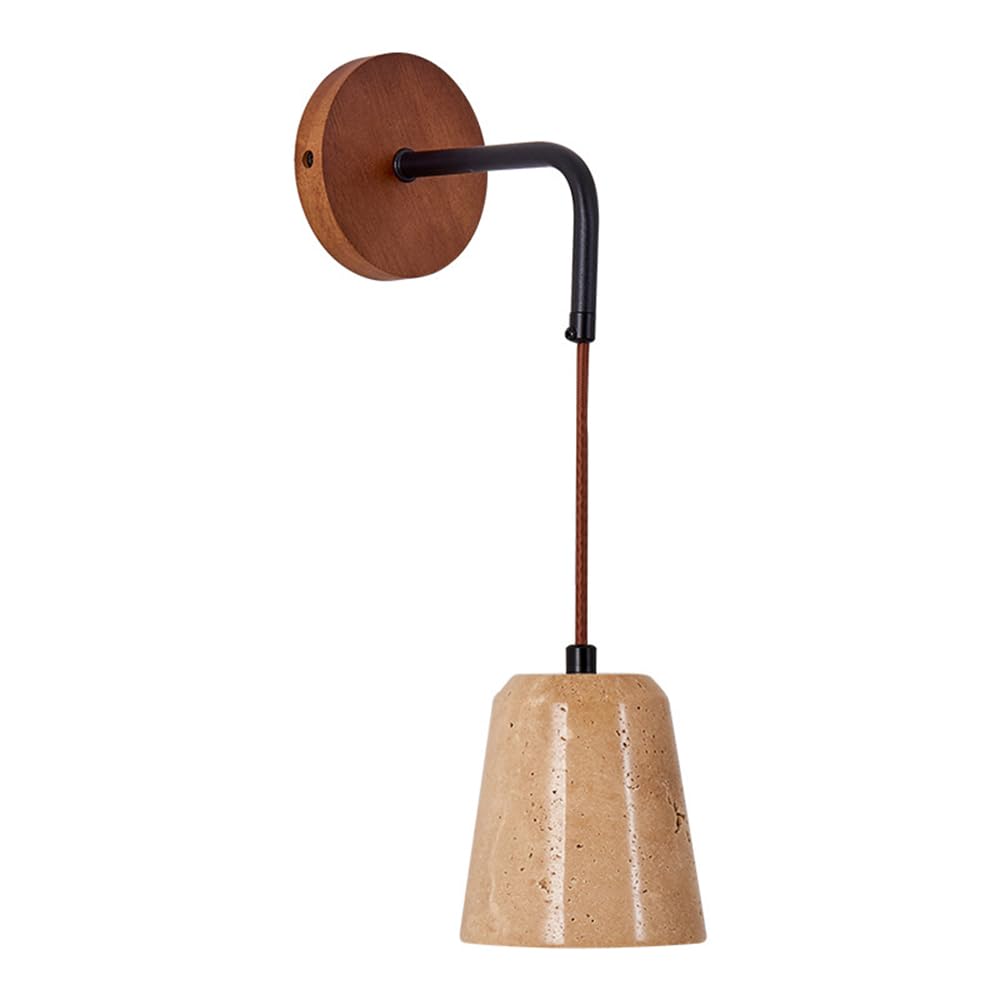 SXECAEPS Retro Yellow Travertine Wall Sconce Wabi-sabi Bedside Mounted Light, Adjustable Height Rural Farmhouse Lamp, Wood Lighting with Stone Shade