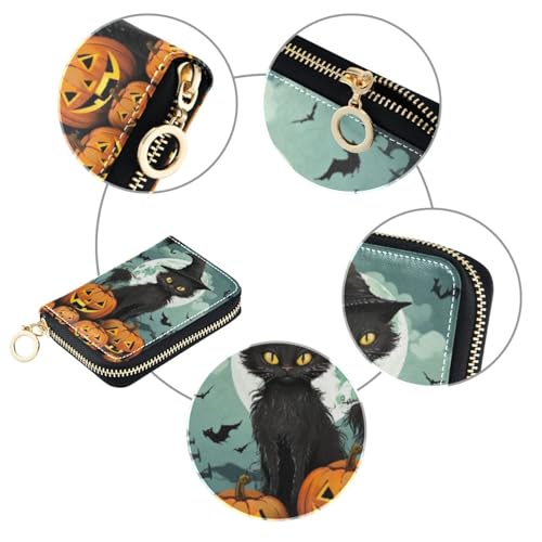 Halloween Pumpkin Black Cat Credit Cards Holder Purse for Women with Zipper,Leather Business Card Wallets for Ladies 202a06163
