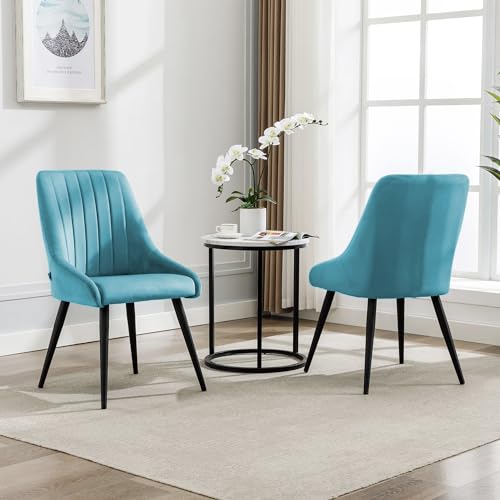 Image of Finch Fox Morris Velvet Dining Chair for Living Room, Bedroom, Home Office with Black Metal Legs in Light Blue Color (Set of 6)