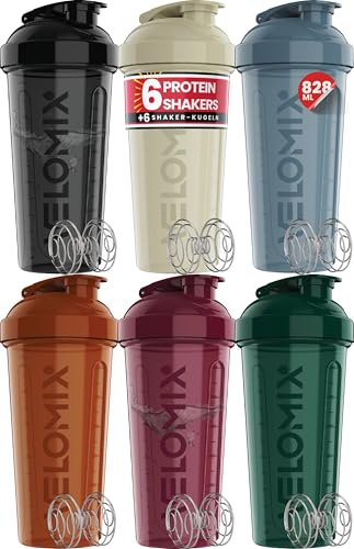 VELOMIX -6 PACK- 828ml Eiweiß Shaker - Auslaufsicher Shaker Proteinshake Mit 6x Kugel | Drehverschluss & Mess-Skala Shake Becher | Spülmaschinengeeignet & Stackable Protein Shaker (Earth Tones)