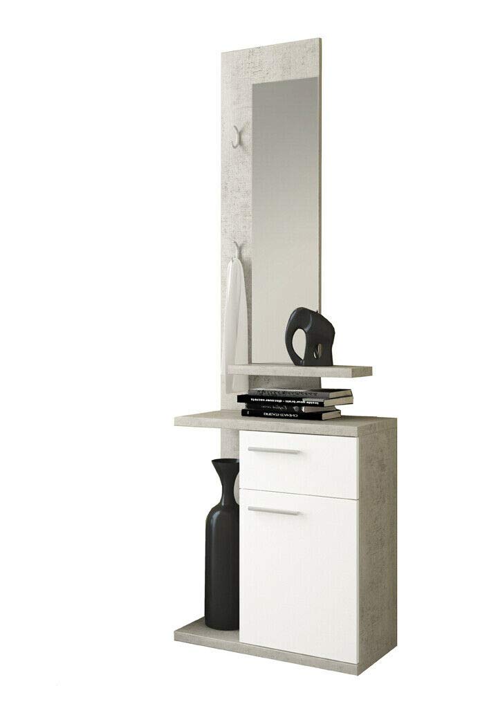 Mobile Nauplia Mobiletto Da Ingresso Con Vani Mensola e Specchio Arredo Arredamento Sala 60.5 x 186 x 28 cm Colore Bianco e Grigio Cemento