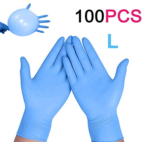 Enjoyee 100 guantes desechables de nitrilo, sin polvo, goma y látex, guantes de examen médico, no estériles, ambidiestros, cómodos, industriales, de goma, color azul, talla L