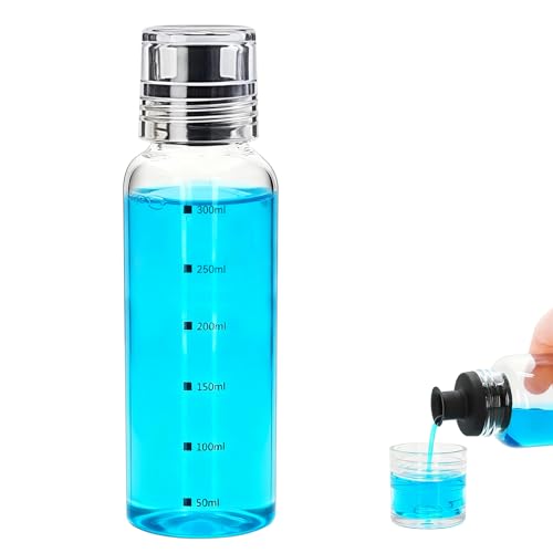 Glass Mouthwash Dispenser for Bathroom, Refillable Mouthwash Container with Lid Cup, Small Clear Mouthwash Bottle for Countertop Bathroom Lotion Dispensers (1, Black spout, 10oz)