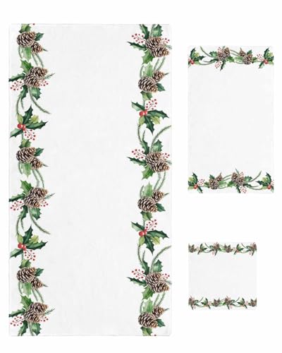 HomeDecorArt Green Pine Cone 3 Piece Bath Towels Set, Christmas